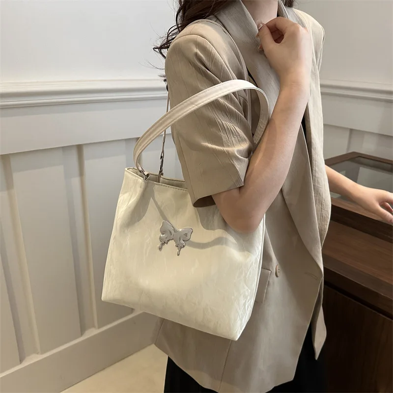 Soft Leather Texture Shoulder Bag INS Butterfly Underarm Bag Work Commuter Large Capacity Tote Bag Handbag for Women