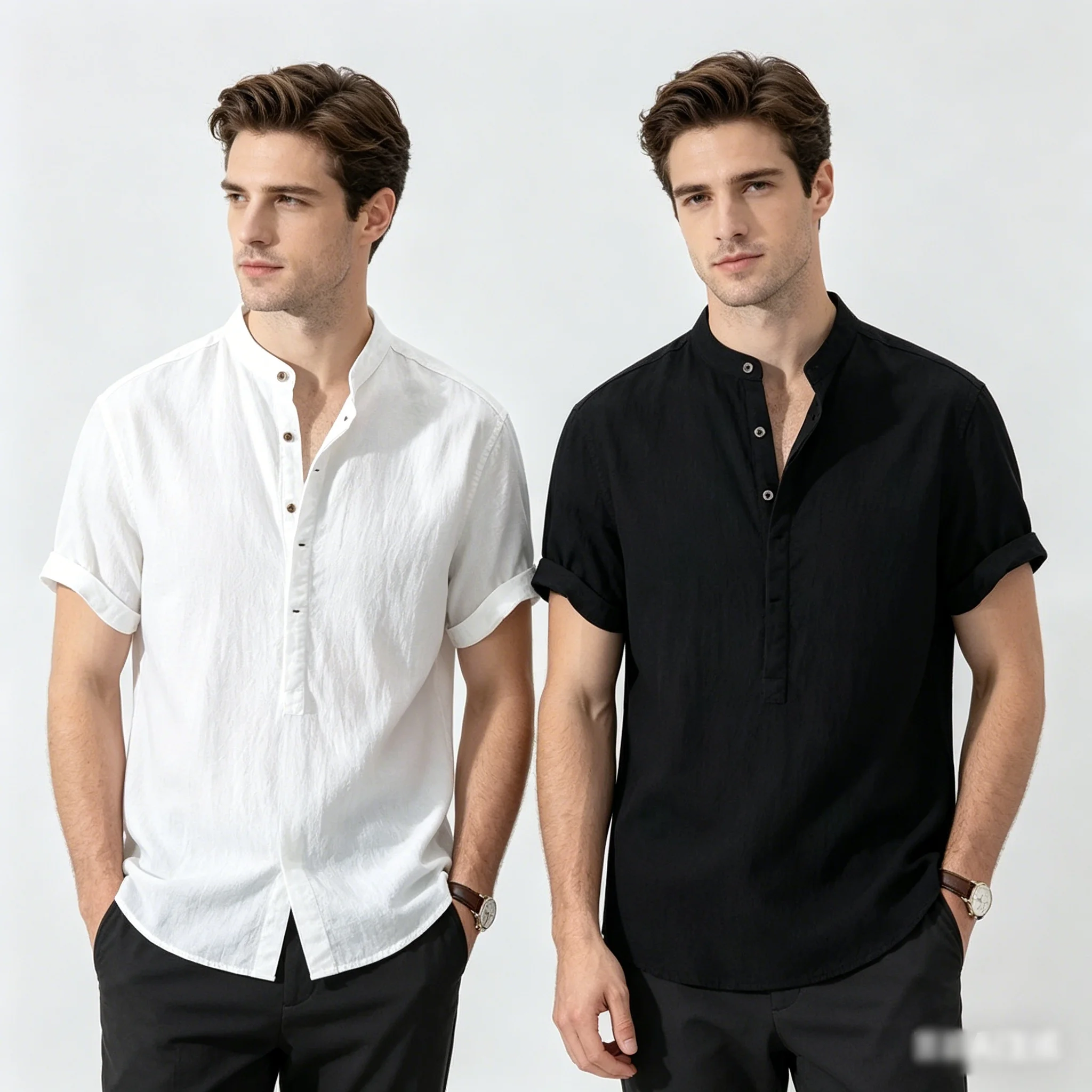 2026 New Men's Casual Stand Up Collar Summer Solid Color Short Sleeve Linen Shirt Trendy Breathable Loose Youth Basic Top