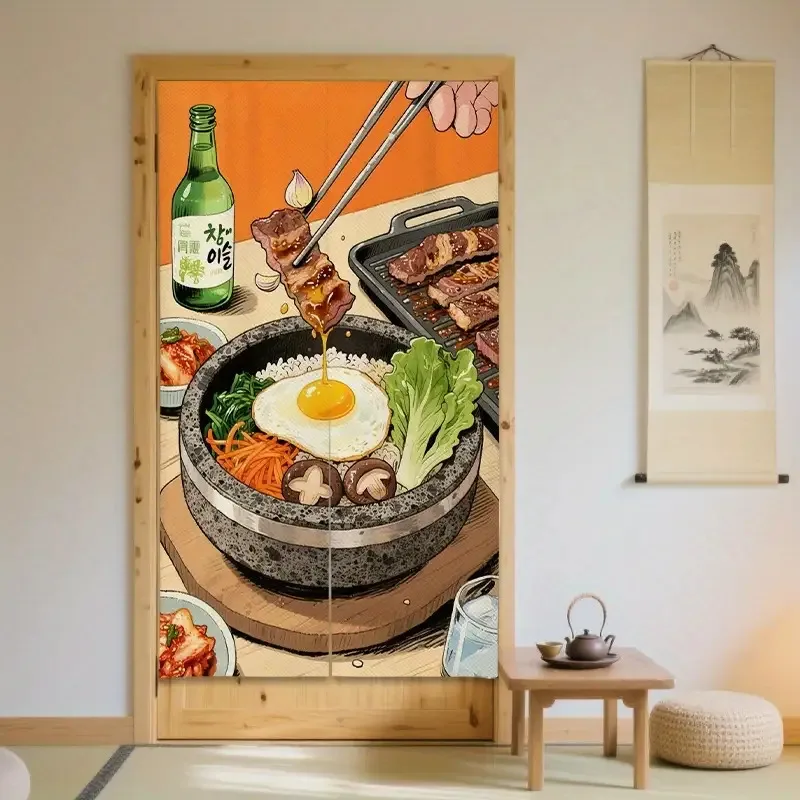 VIKAMA Korean Bibimbap Door Curtain, Hand-Drawn Food Print, Light-Blocking , Trendy Partition Curtain for Restaurant & Kitchen