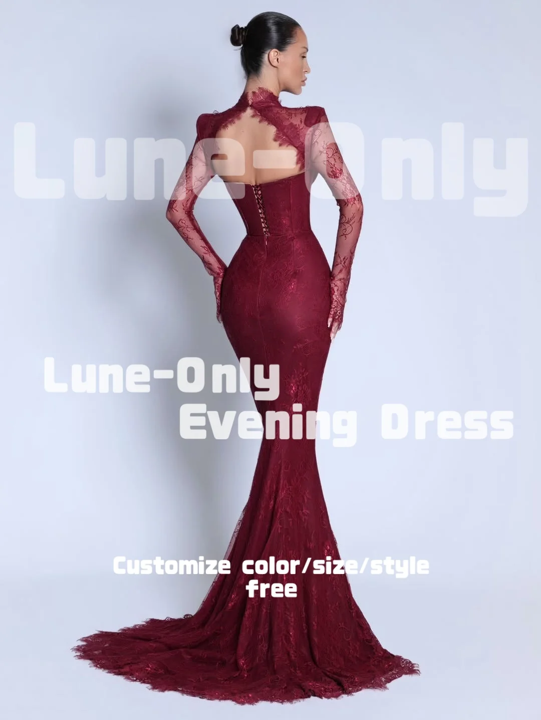 カスタマイズされたオープンバックバーガンディレース長袖女性イブニングドレスマーメイド恋人エレガントなパーティードレスウエディングフォーマルドレス