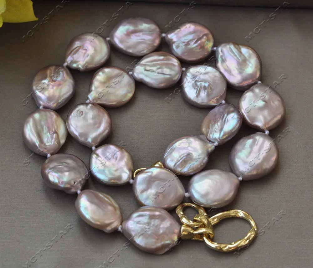 Z13072 Luster A+ 18'' 20mm Peacock-Lavender Coin Pearl Necklace