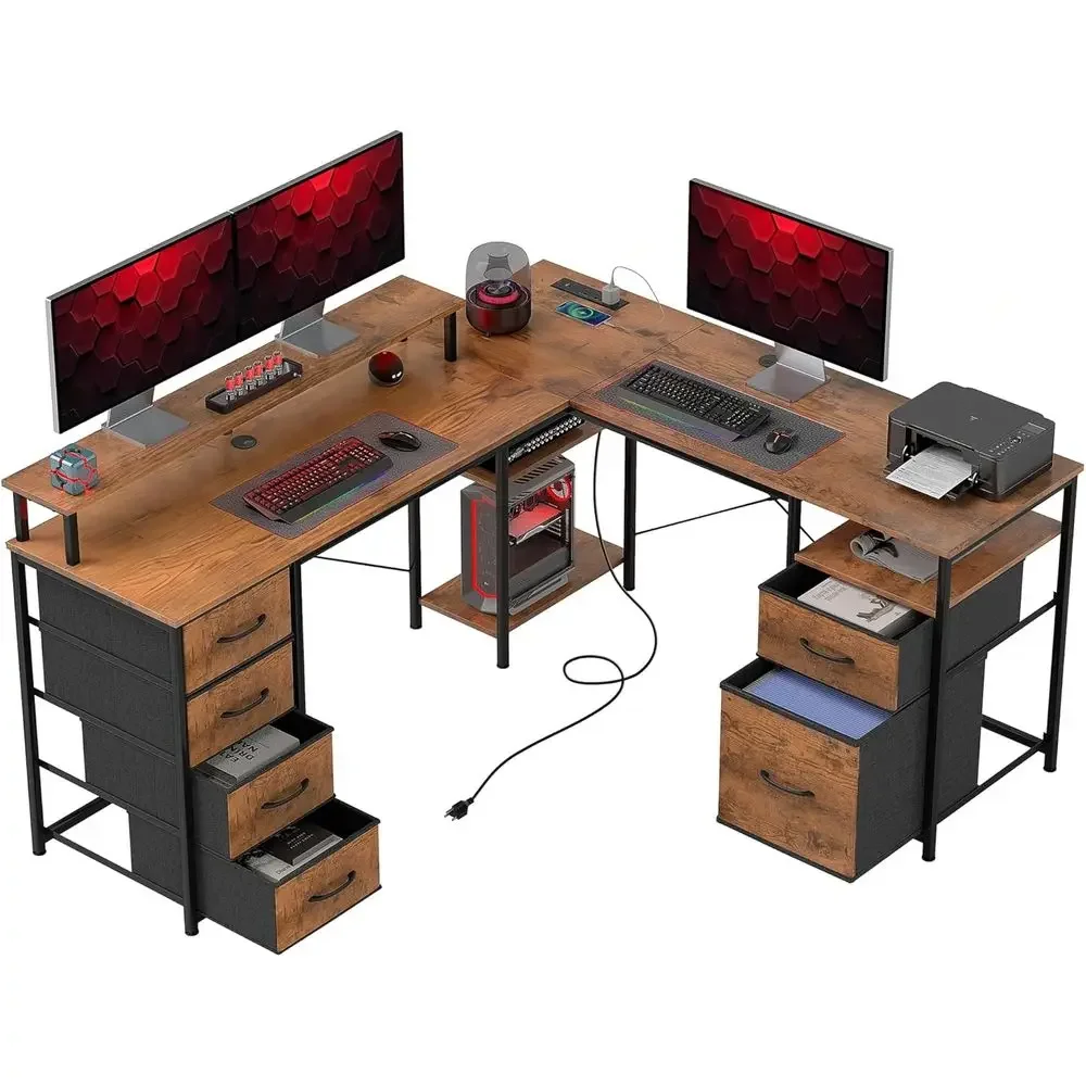 Reversible 66 L-Shaped Gaming Desk, 105 Dual-Person Computer Desk with File Cabinet, Fabric Drawers, Power Outlets, LED Lights,