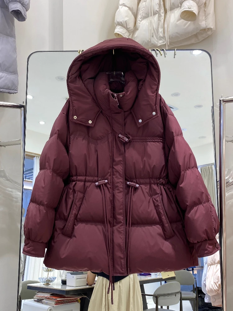 2025 New White Duck Down Jacket Women Fashion Solid Color Hooded Thickening Mid-Length Parka Winter Warm Oversized Coat Outwear