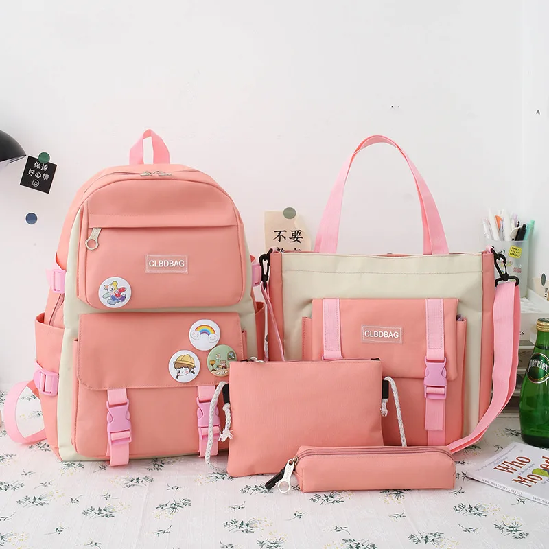 

4 Piece Set School Bags For Teenage Girls Canvas Solid Color Women Backpack Female Teen Student Schoolbag