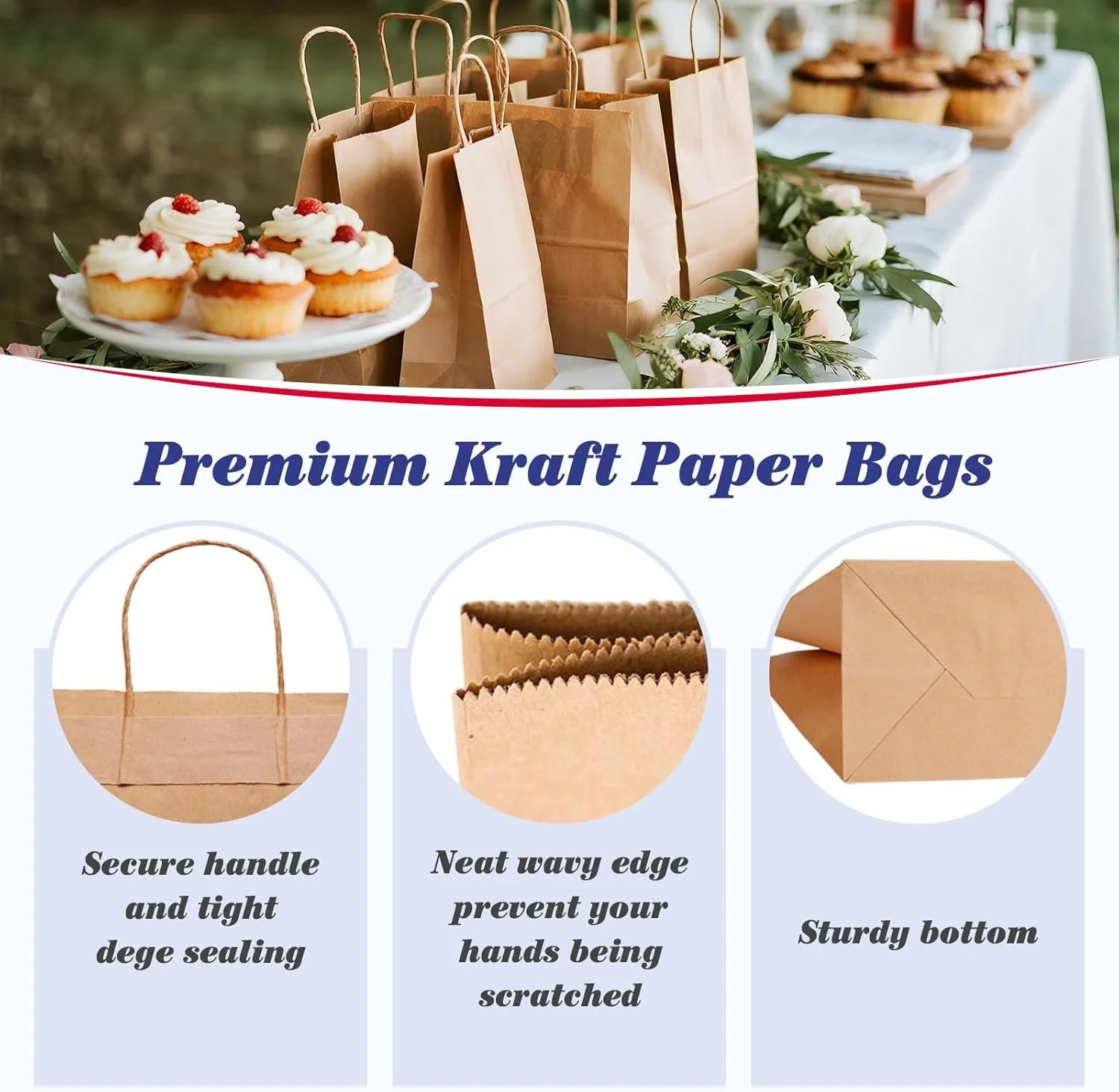 Kraft Paper Bag, 20 Pieces, Large Kraft Paper Grocery Bag, Used for Food Shopping, Recycling, Garbage, and Bulk Packaging