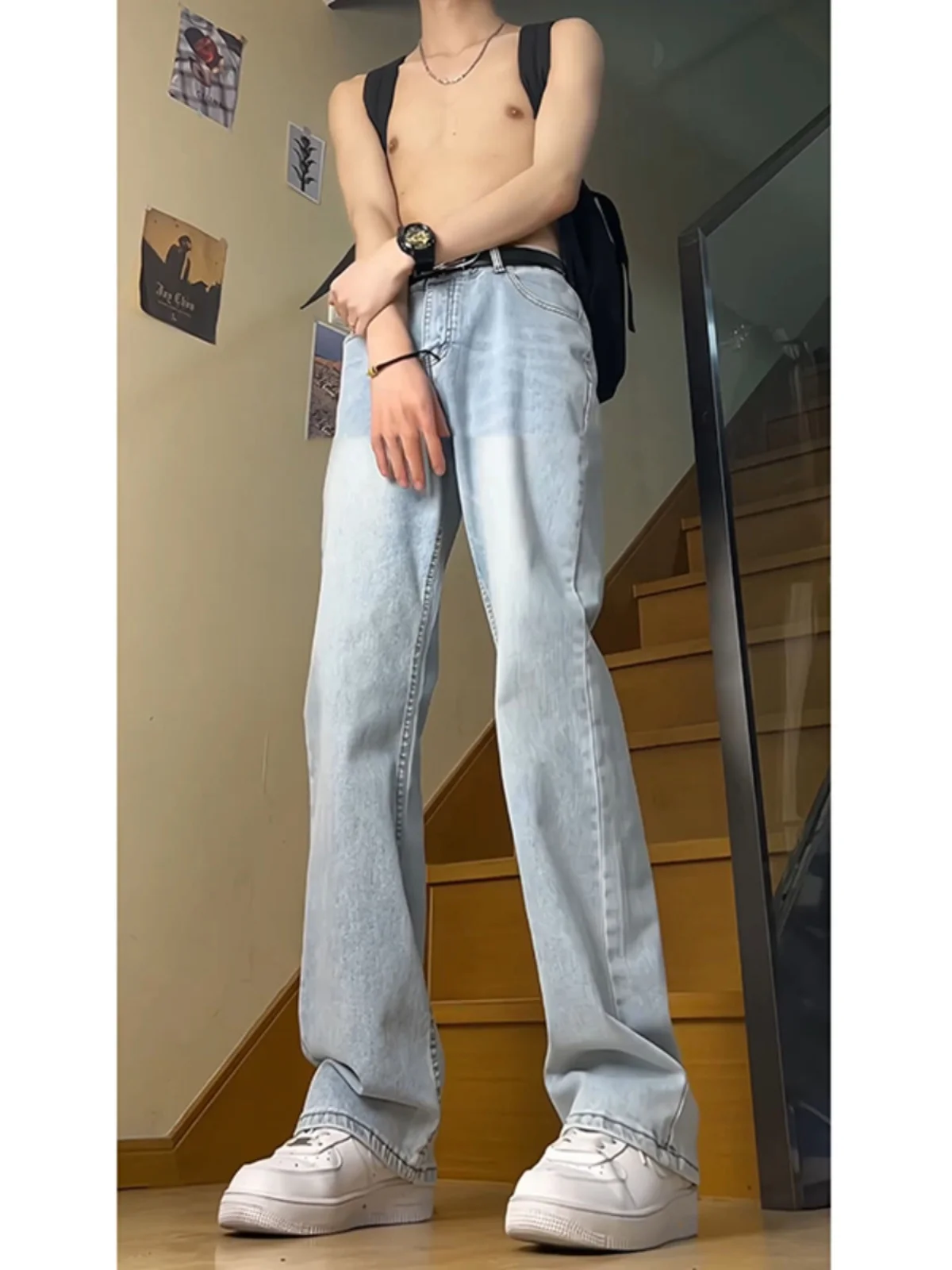 

Синие мужские джинсы прямого кроя с эластичной талией в американском стиле, летние, с низкой посадкой, слегка расклешенные, из денима с эффектом потертости