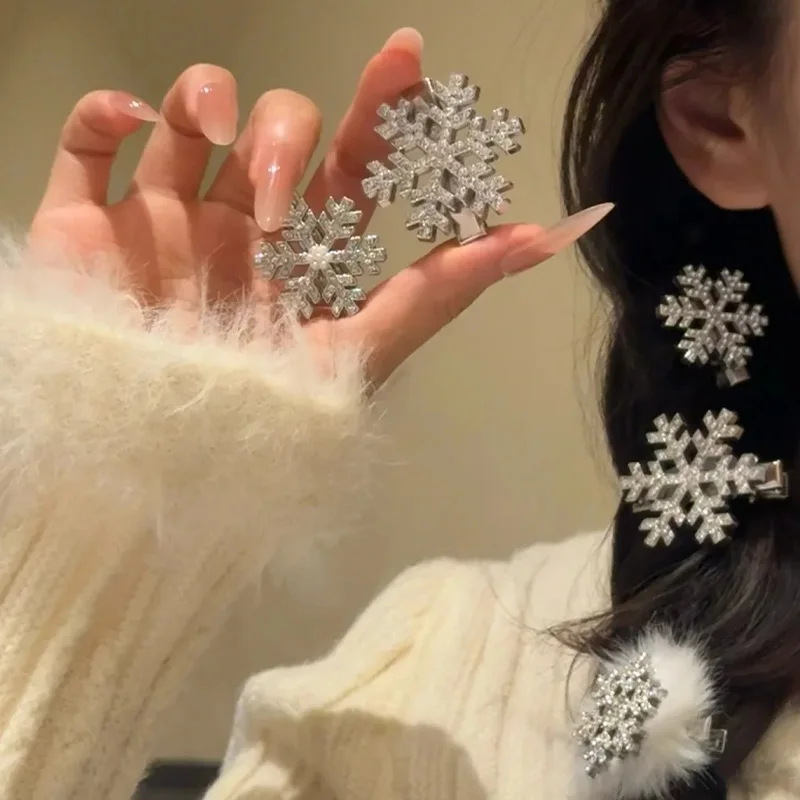 2/10개 패션 플러시 퍼 눈꽃 헤어 클립 여성 소녀용 한국 스타일 반짝이는 라인스톤 덕빌 헤어핀 헤어 액세서리