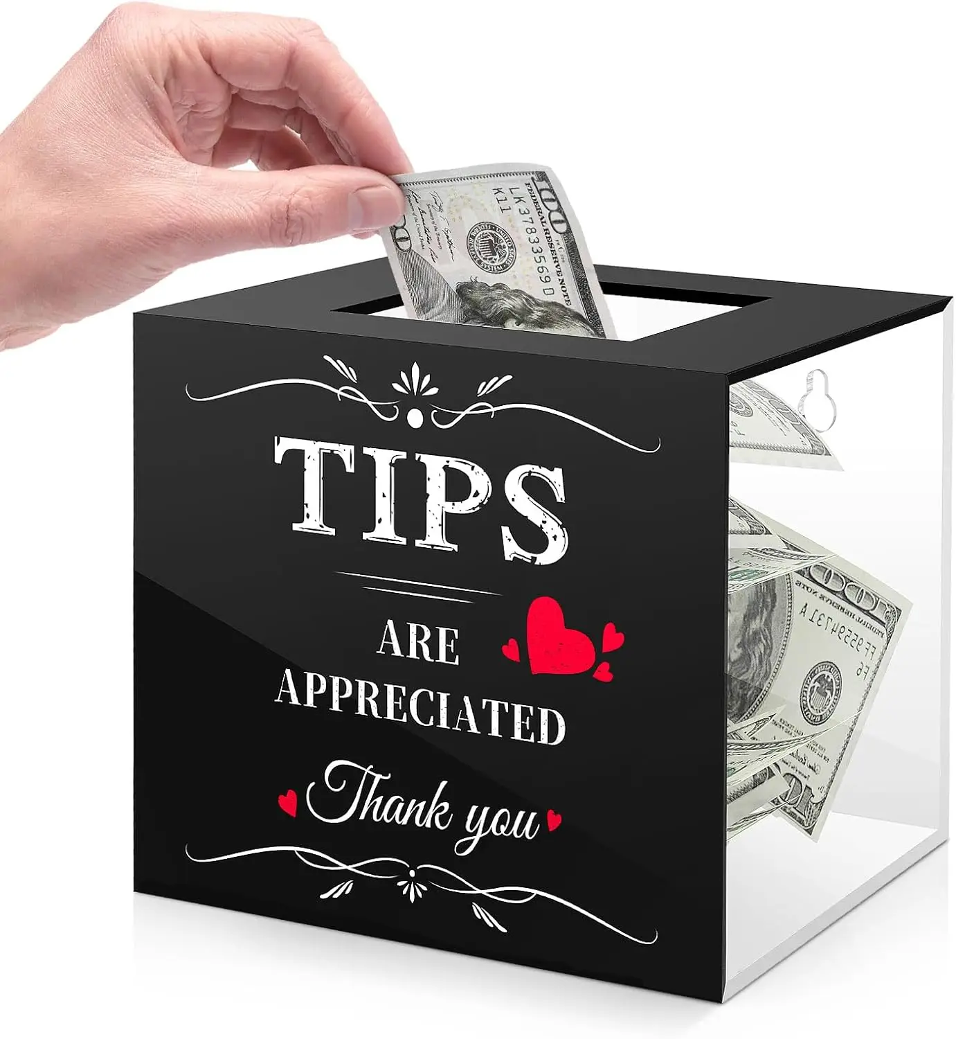

Acrylic Tip Box for Money, Wall-Mounted Cash Donation Jar for Bars & Restaurants, Black&Clear