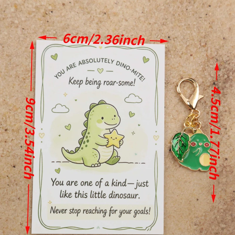 10/14pcs 2dGreen dinosaur keychain with leaf embellishments, perfect for decorating bags Comes with a cute dinosaur card Christm