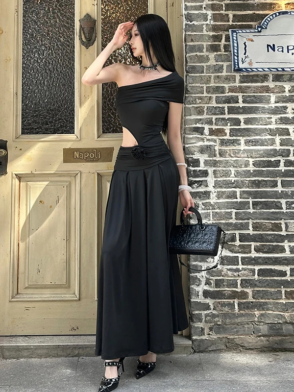 エレガントな韓国風の奇妙なデザインのロングドレス、女性用、ウエストを絞った肩出しドレス、花柄装飾、夏の季節のドレス