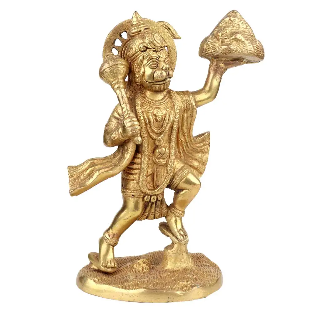 Handmade Golden Brass Lord Hanuman With Mountain Herbs Sculptures Figurine Statue Statement Pieces Decor Gift Items