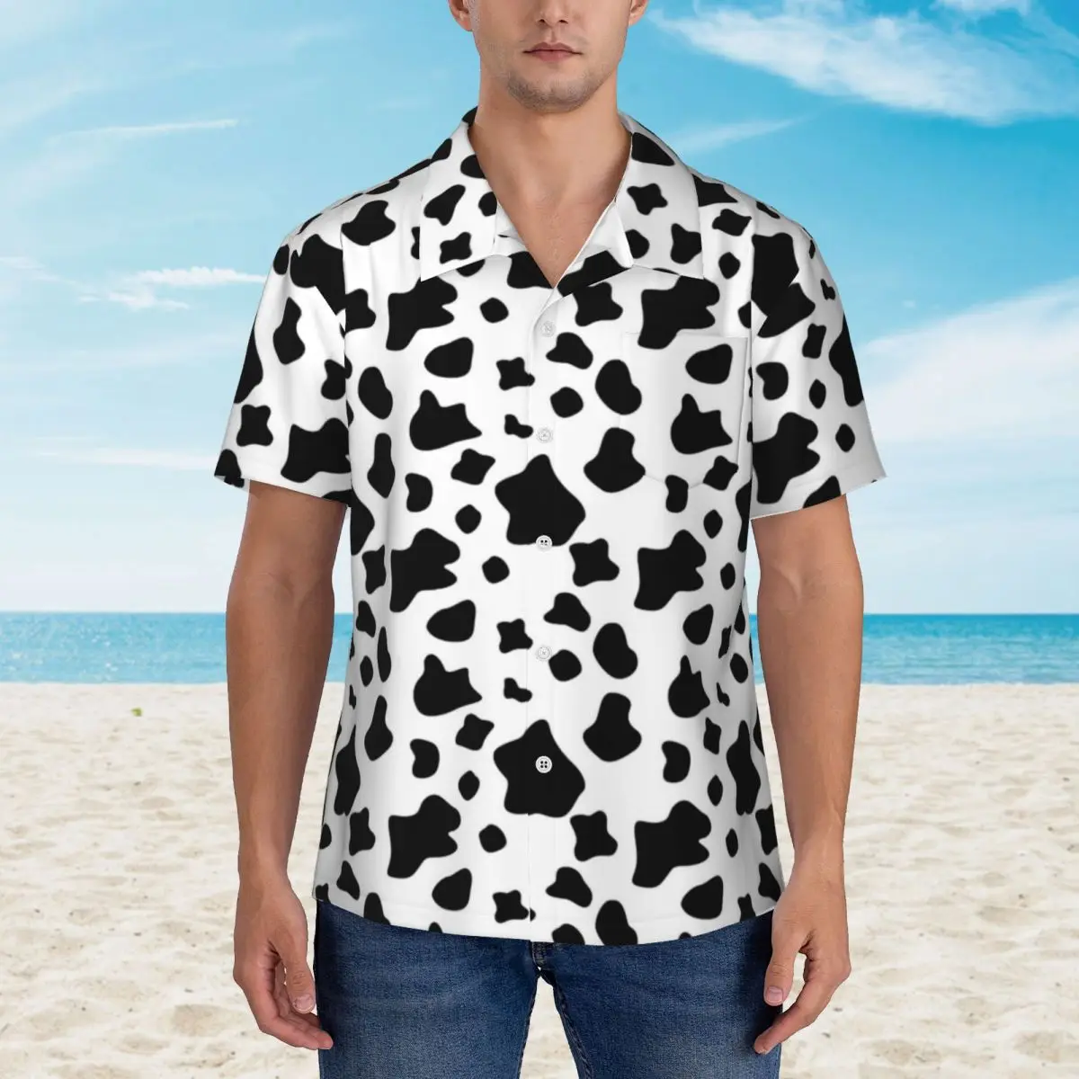 Farm Animal Print Beach Shirt Men Funny Cow Spots Casual Shirts Summer Short Sleeves Graphic Vintage Oversize Blouses Gift