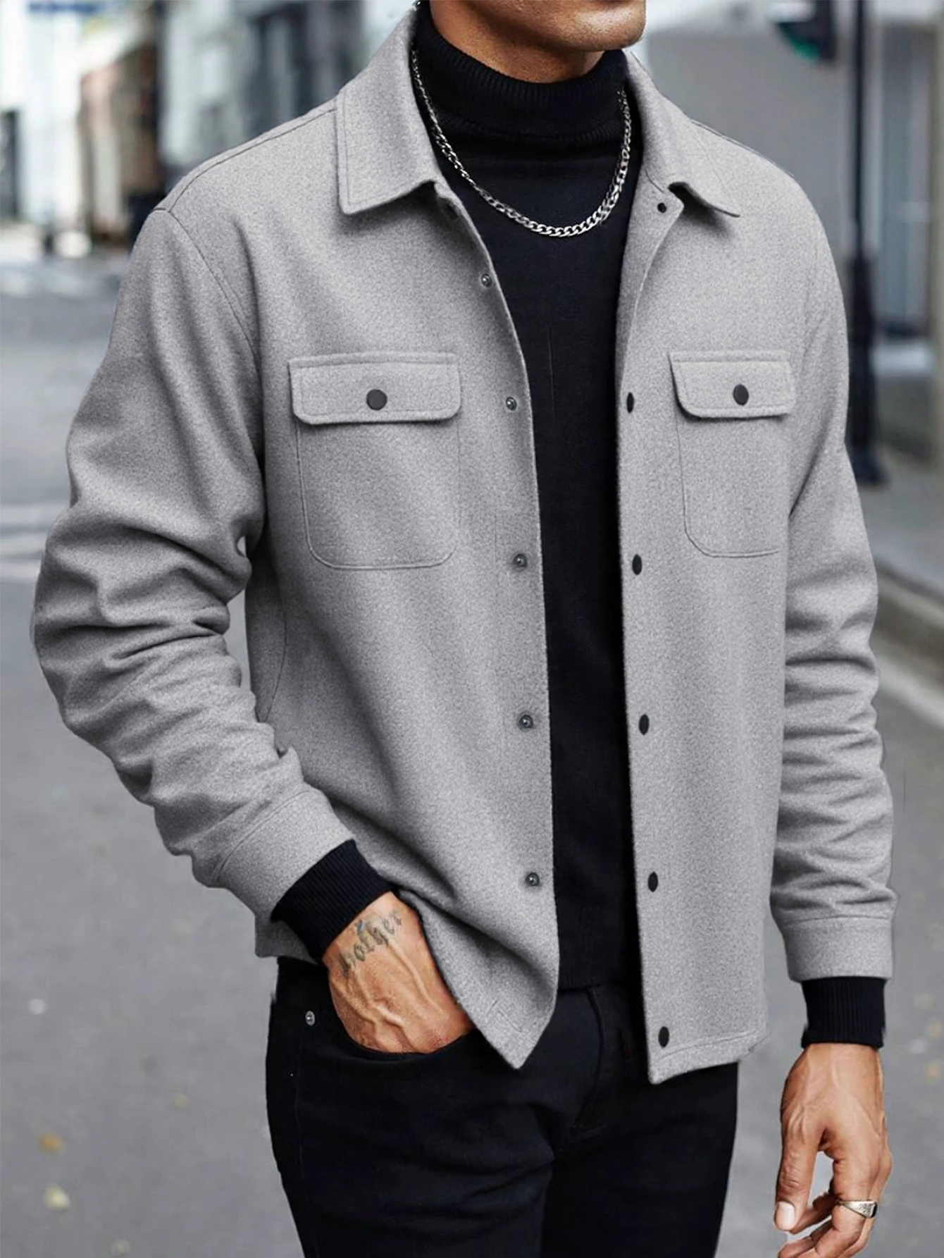 

2025 Autumn New Men's Woolen Jacket Solid Color Jacket Coat Collar Button Front Flip Pocket Coat