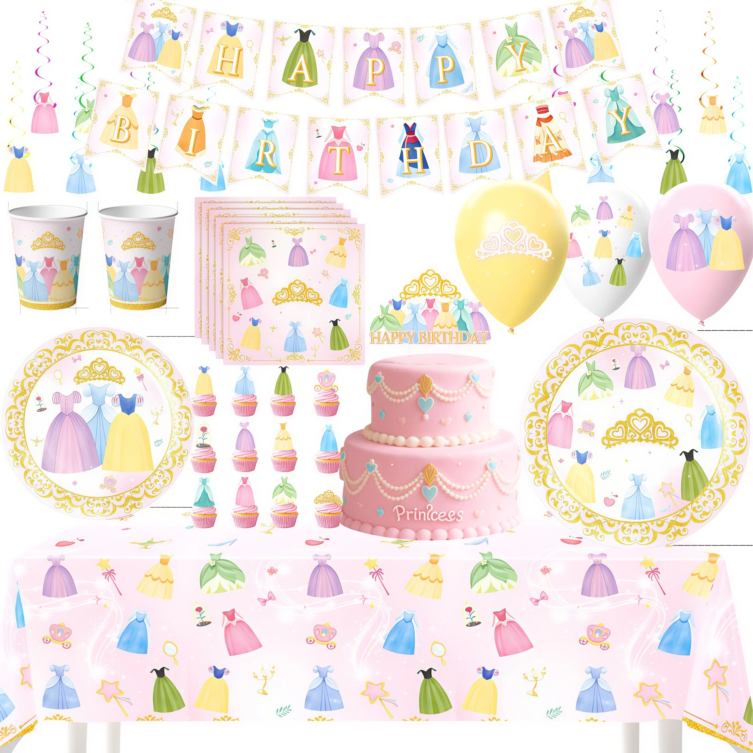 Princess Dress Girls Birthday Party room decoration Balloons Paper Plate Napkin Tableclotn Balloon For Baby Showe accessories