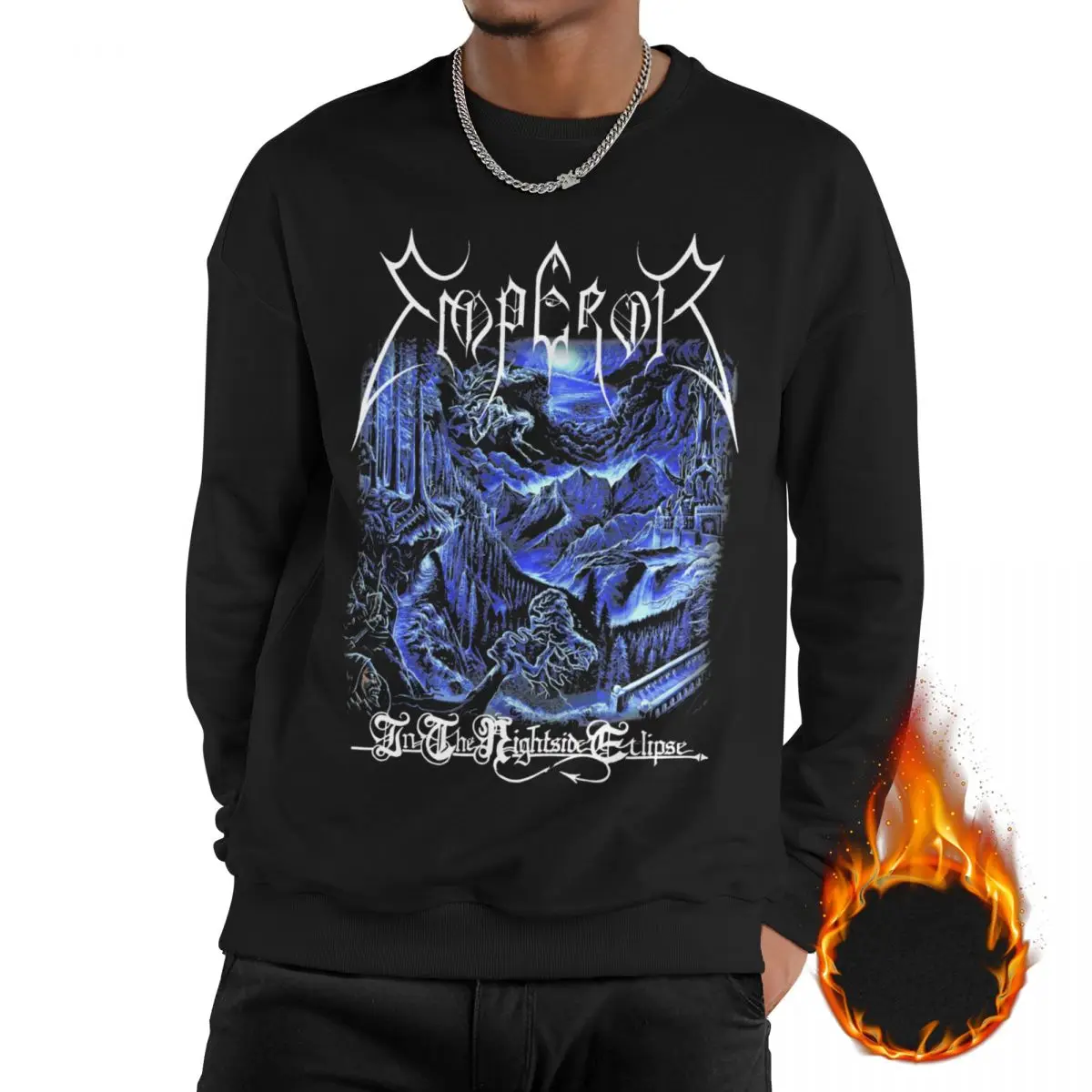 

Men Black Metal Band Emperor Long Sleeves Sweatshirts Fleece Lined In The Nightside Eclipse Pullover Crewneck Sweatshirt Hoodie