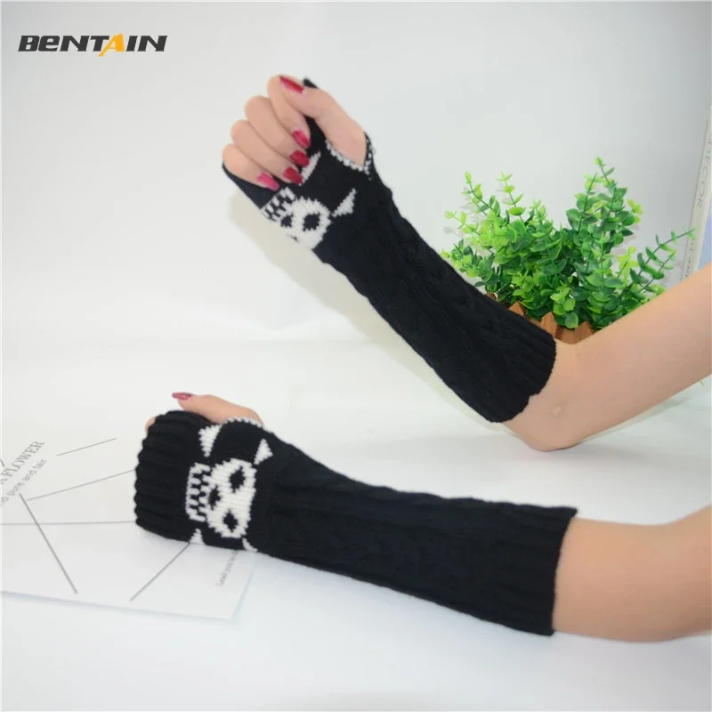 Unisex Long Fingerless Gloves Outdoor Sports Cycling Arm Warmer Keep Warm Skull Pattern Knitted Oversleeve Arm Sleeve Mitten