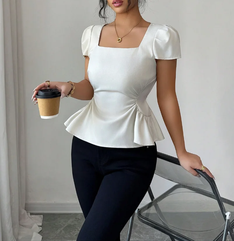Women's T-Shirt 2026 Spring Summer New Bubble Sleeve French Solid Color Square Collar Cinched Waist Short Sleeve T-Shirt Top