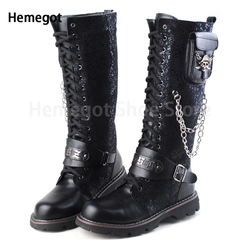 

Long Tube Punk Boots Round Toe Thick Bottom High Boots Men's Rock Leather Boots Frosted Tide Locomotive Boots Lace-Up Boots