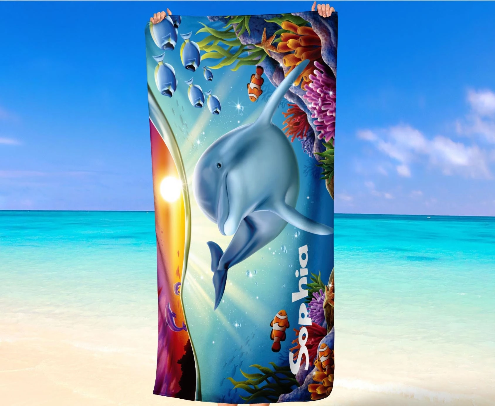Cute ocean dolphin themed kids beach towel. Soft and absorbent, ideal for children swimming, pool activities and beach vacation.