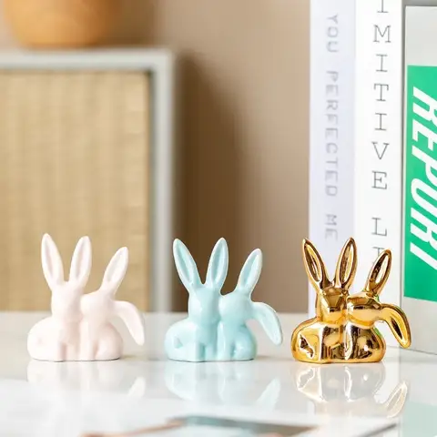 Unique Aesthetic Ceramic Rabbit Ring Holder Cartoon Style Handicraft Kiss Couple Bunny Figurine Creative Decorative