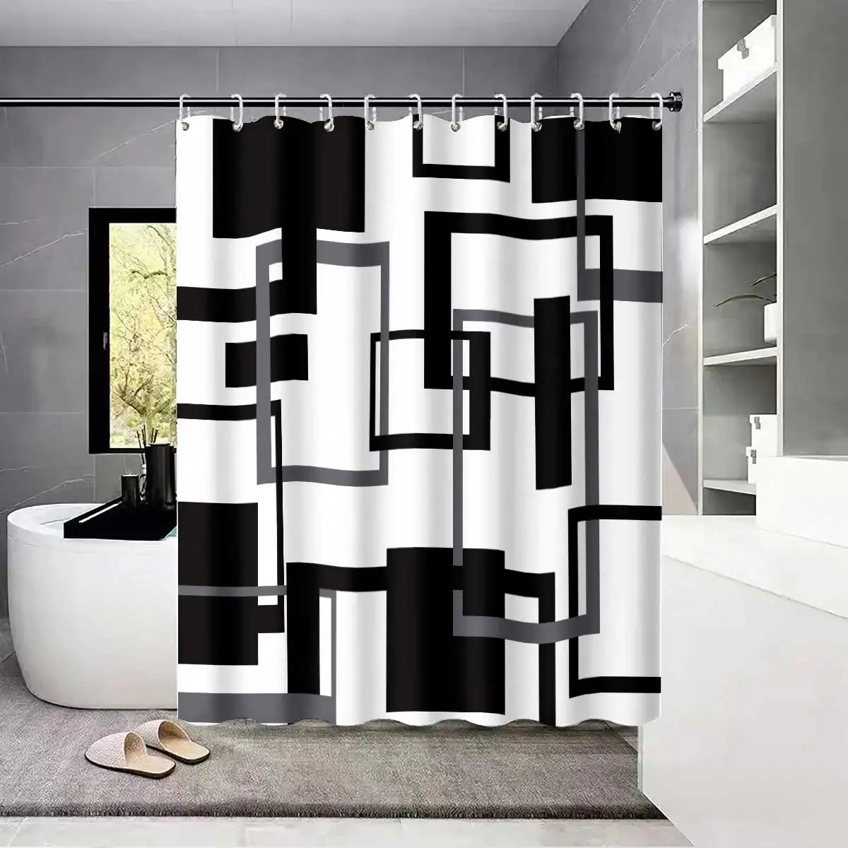 1pc Black and White Abstract Geometry Shower Curtain,with 12 Hooks,Machine Washable, for Shower Partition and Privacy Protection