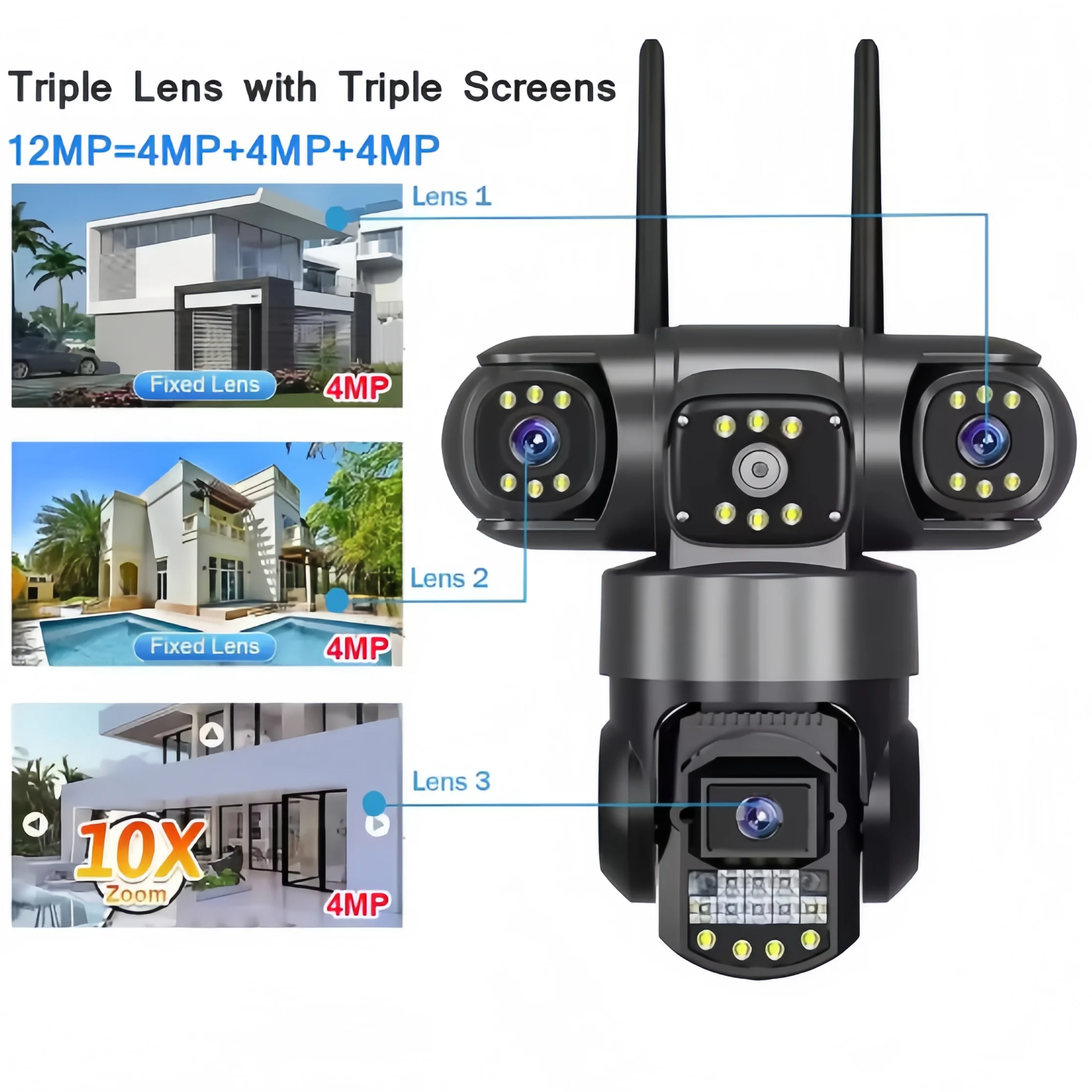 V380 Pro 4G Outdoor 12MP 6K Three Lens Three Screen Security Monitoring Night Vision Waterproof CCTV Camera