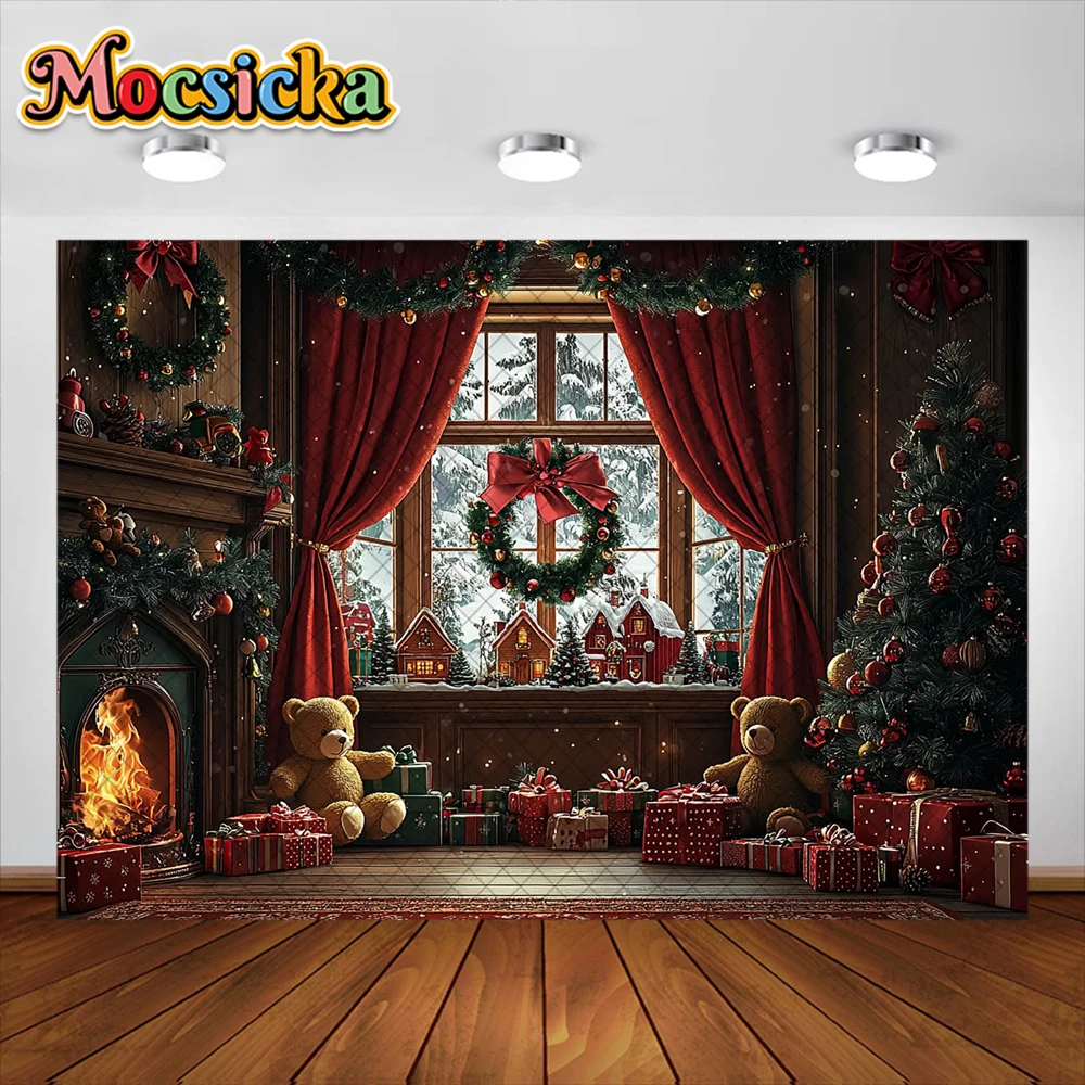 Christmas Photography Background Xmas Room Wreath Fireplace Decoration Family Portrait Photo Holiday Backdrops Studio Props