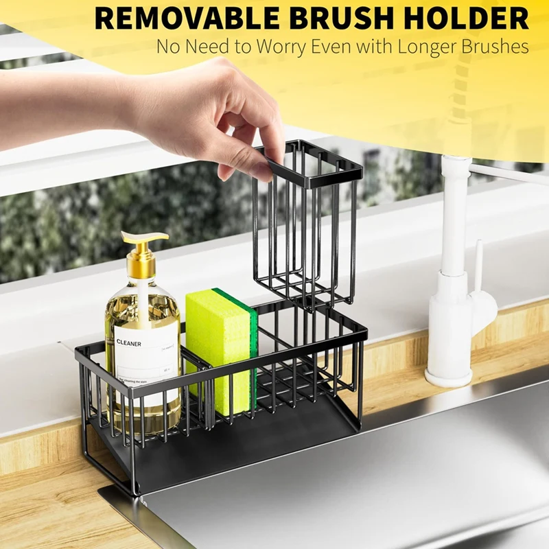 Storage Rack With Sink In Kitchen With Detachable Brush Holder & Partition Countertop Kitchen Storage Rack