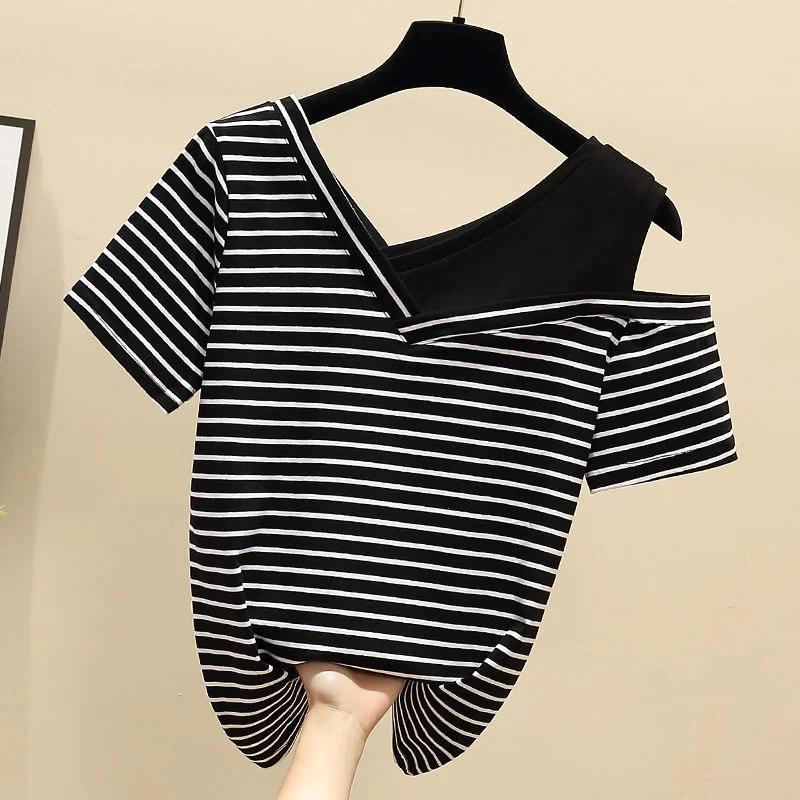 

Summer V-neck Spliced Short Sleeve T-shirt Women Slim Off Shoulder Striped Tshirt Short Sleeve Tops Female Clothing