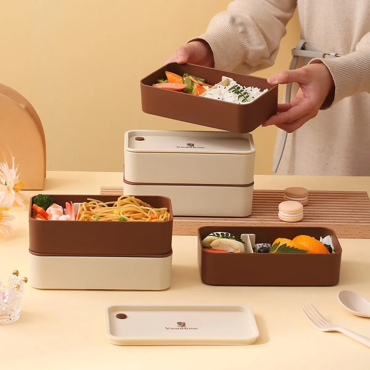 2 Grids  Sealed Divided Lunch Box For Kids Students Portable Plastic Bento Box Microwave Safe Reusable Picnic Food Container