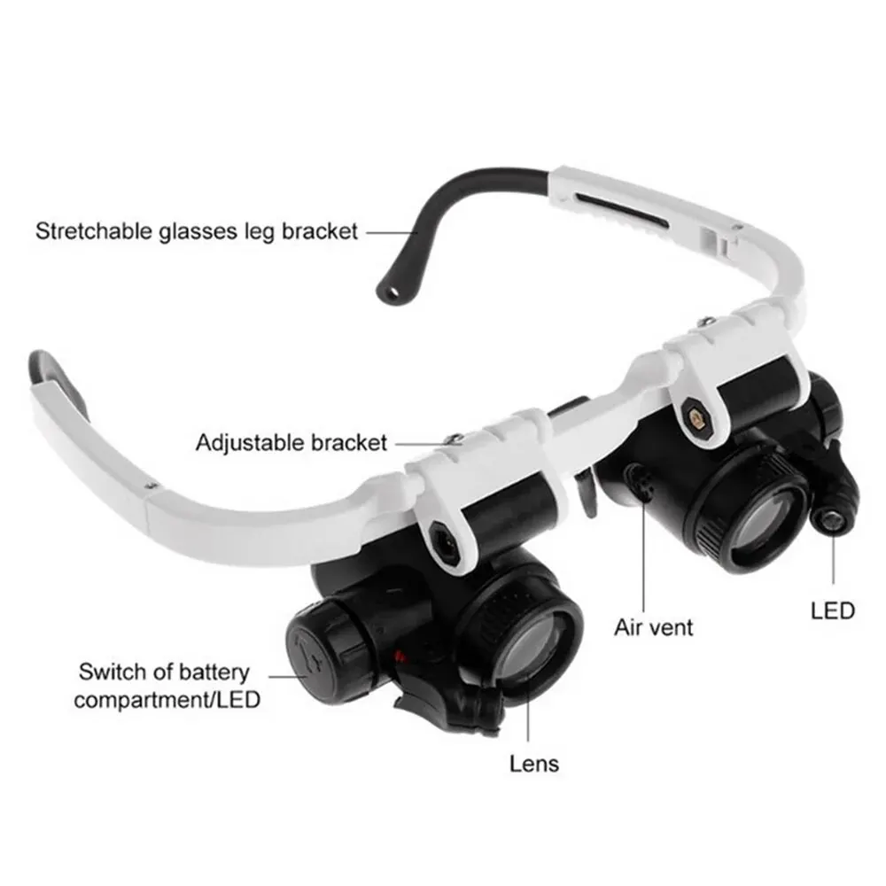 2XLED Watch Jeweler Repair Magnifier Head-Mounted Headband Adjustable Magnifying Head Eye Glasses Loupe Lens 23X 8X 15X