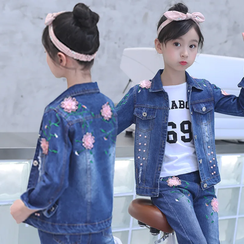 Baby Girl Cowboy Suits 2021 Kids Clothing Set 4 6 8 10 12 14 Years Girls Cotton Casual Denim Jacket + Jeans 2pcs Flower Outfits