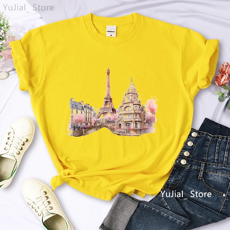 

New Fashion Paris Eiffel Tower Print Woman T-Shirt Summer Women'S Top T Shirt Harajuku Casual Short Sleeve Yellow Female Tshirt