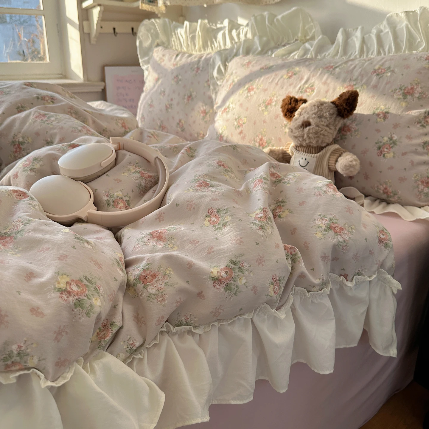 Juego de Ropa de Cama con Volantes Florales Estilo Princesa Coreana, Funda de Edredón, Sábana, Fundas de Almohada, Tamaño Individual, Matrimonial, Queen, 3/4 Piezas