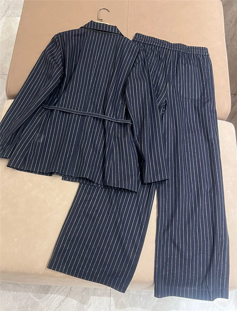 B*C Women's Pants Set Stripes Blazer Coat +High Waist Wide-leg Trousers 2 Piece Set