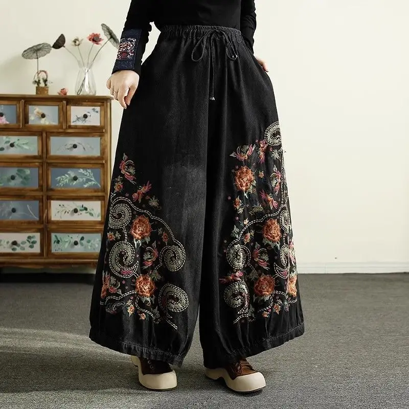 Vintage Heavy Industry Embroidered Jeans Women Spring and Autumn New Elastic High Waist Loose Personality Wide Leg Pants