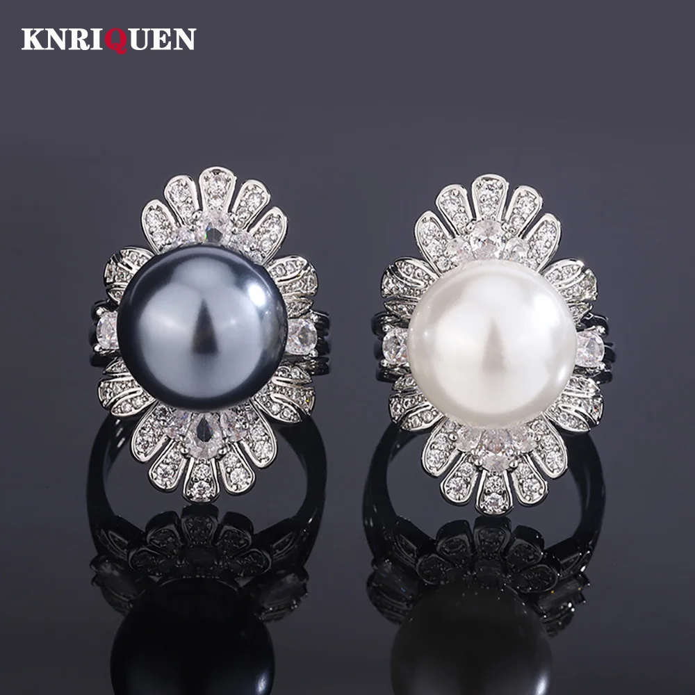 Luxury 14MM White Black Pearl 2-in-1 Open Rings for Women Lab Diamond Ring Cocktail Party Wedding Fine Jewelry Anniversary Gift