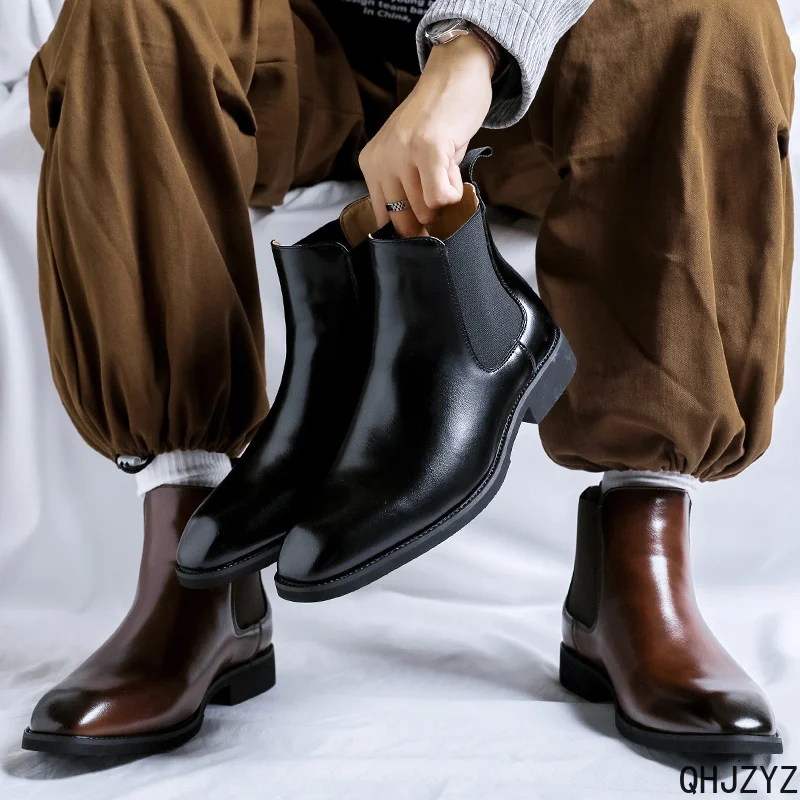 2026 Autumn Coffee Genuine Leather Pointed Toe Black High Top Bullock Oxford Dress Shoes Winter Men Ankle Business Boots