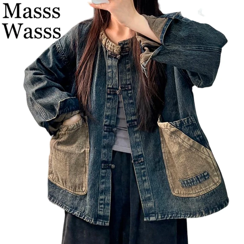 

Mass Wass, китайская осень 202, женская мода, винтажные повседневные джинсовые куртки большого размера, женские классические свободные пальто, лоскутная верхняя одежда