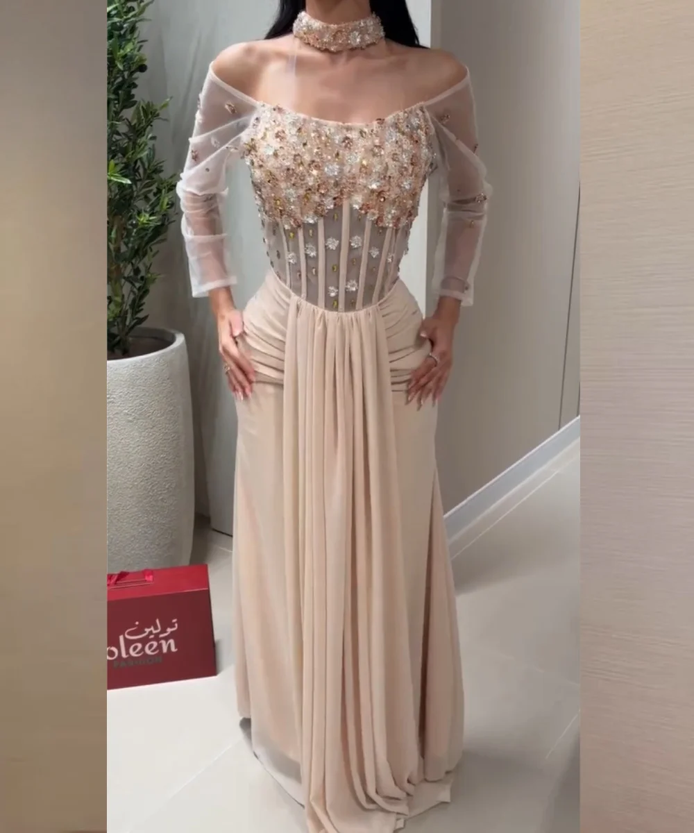 Customized Intricate Chiffon Sequined Pattern Pleat A-line Off-the-shoulder Long Bespoke Occasion Prom Dresses Formal
