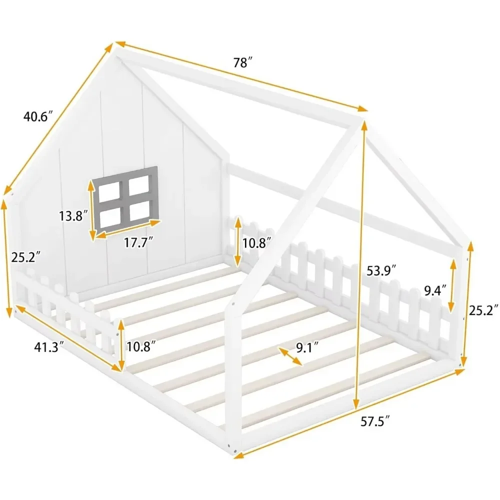 Full Size House Bed for Kids,LED Light Toddler Floor Bed with Fence and Window, Toddler Bed Frame for Girls Boys Kids