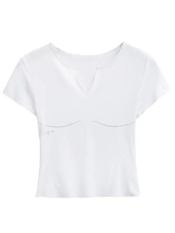 تي شيرت نسائي صيفي كاجوال بتصميم عصري، ياقة على شكل V، أكمام قصيرة، ضيق ومطاطي عند الخصر، بلون الطوب