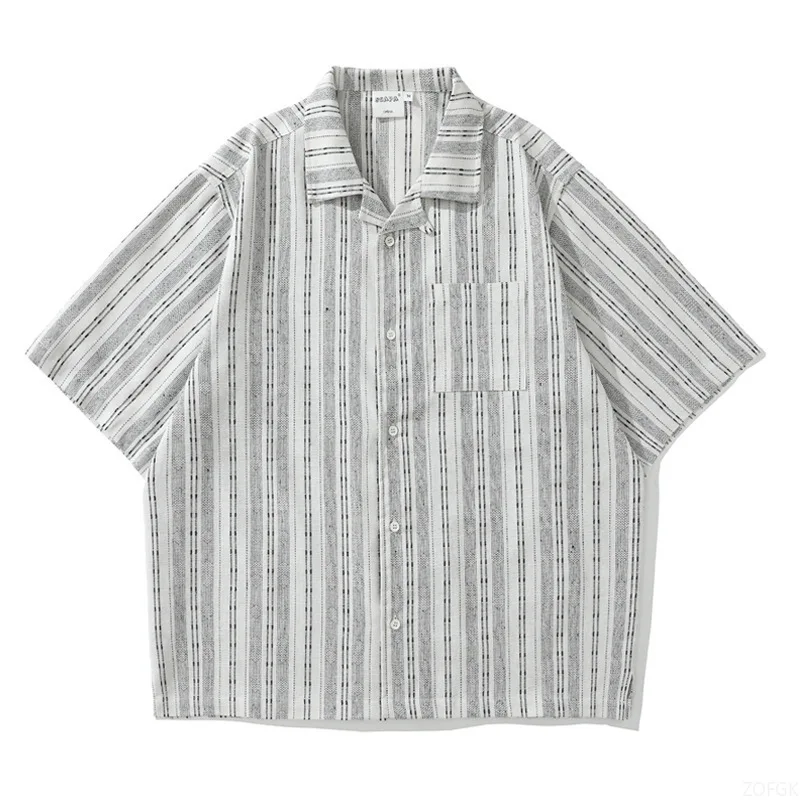 Japanese Retro Striped Workwear Short Sleeved Shirt for Men and Women Cityboy Silhouette Half Sleeved Cuban Collar Shirt