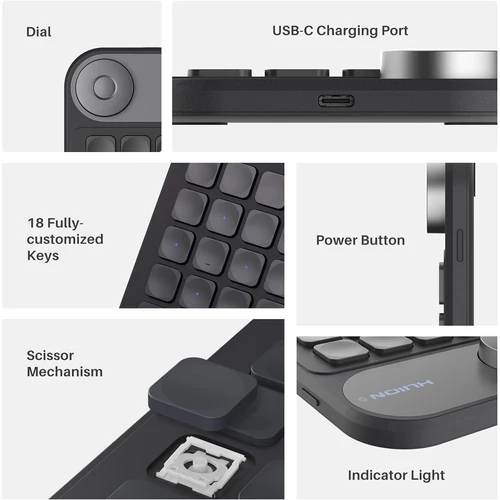 Imagen 2 del producto HUION Keydial Mini teclado inalámbrico Teclado de conectividad Bluetooth con dial, para dibujar Tablet PC MacBook Surface Pro Laptop
