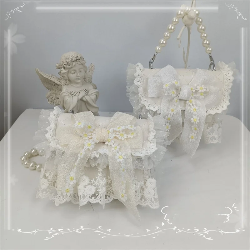 

Japanese Pastoral Style Romantic Spring Holiday Lolita Girls Bag Lace Embroidery Daisy Delicate Elegant Bow Date Gentle Handbag