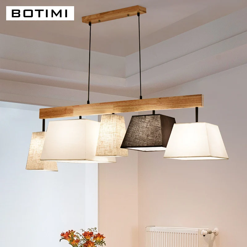 BOTIMI Fabric Lampshade Pendant Lights For Dining Nordic Solid Wood Wire Hanging Lighting Kitchen Cloth Suspension Luminaires