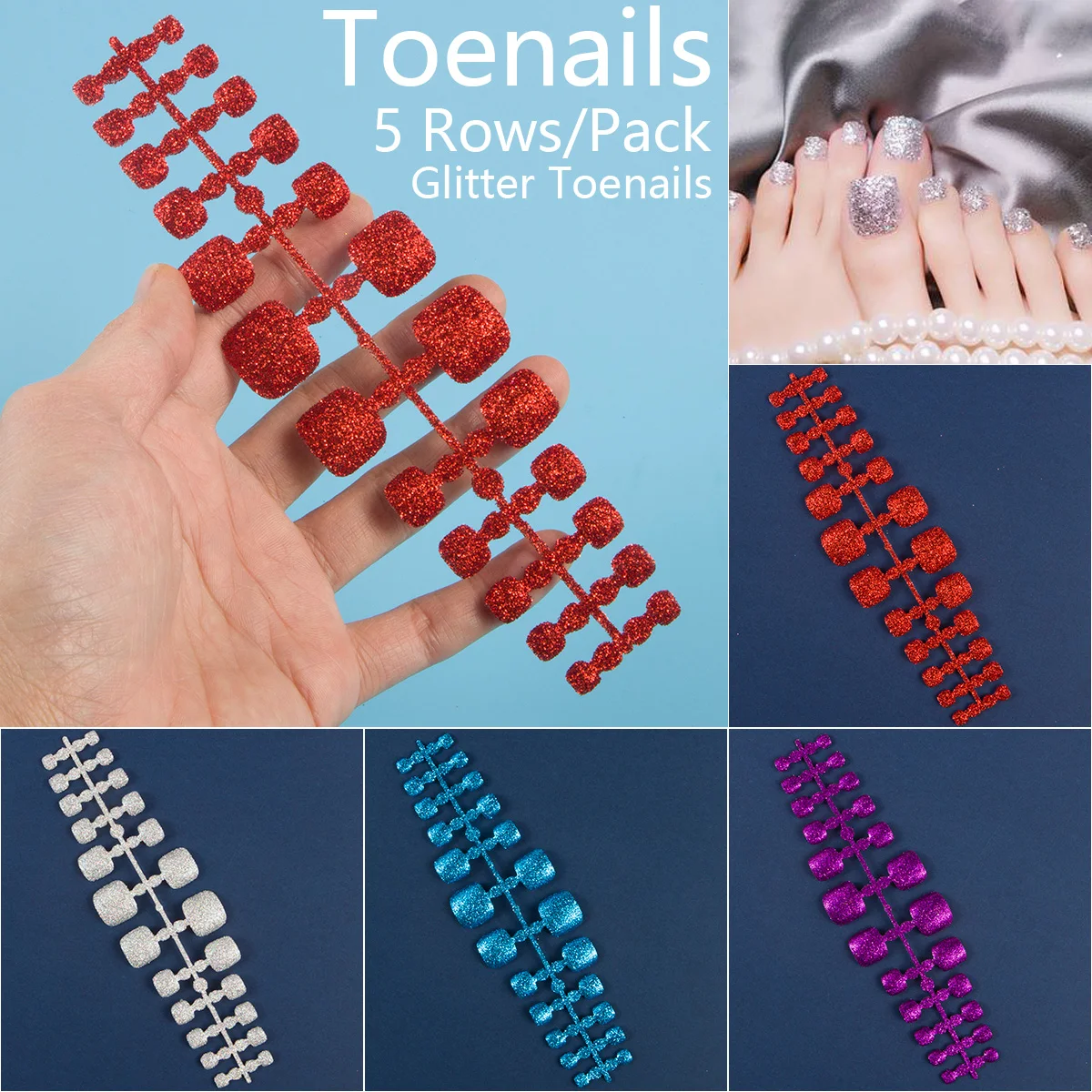 120pcs 5 Row/Pack Glitter False Toenail Tips Fake Toe Nail Art Tip Bling Press on Toe Nails Full Cover Nail For Toes