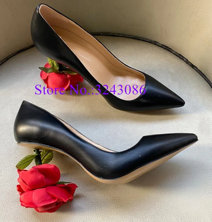 New Black Leather Rose Heel Lady Pumps Fashion Design Pointed Toe Strange Heel Dress Shoes Sexy Female High Heels Single Shoes