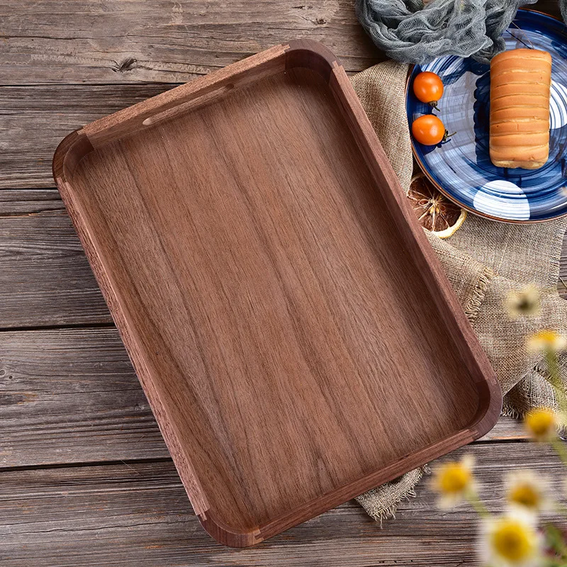 HeMu High Quality Black Walnut Mortise And Tenon Rounded Corner Tray Square Handheld Solid Wood Tray Hotel Home Fruit Tray