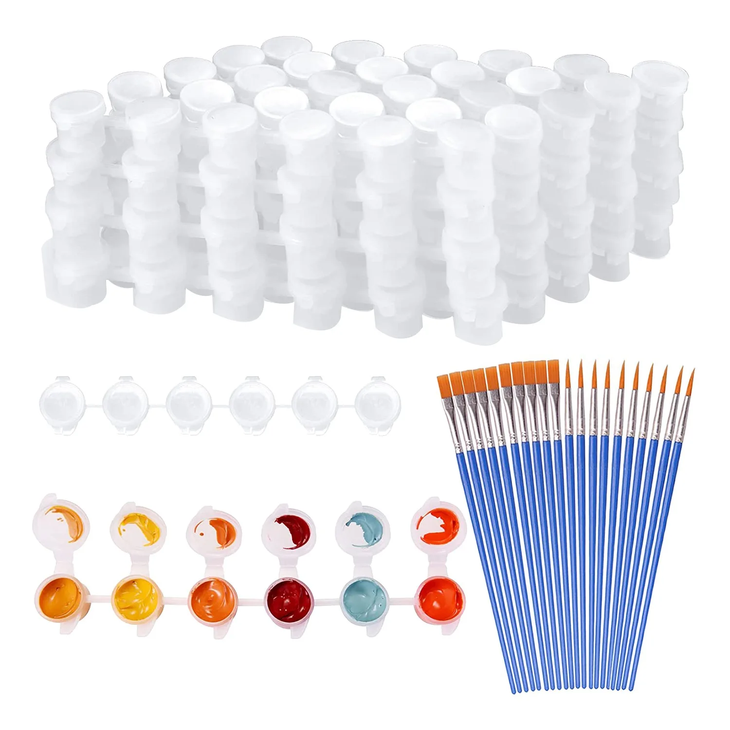 20 Strips 120 Pots Empty Paint Strips and 20 Pieces Paint Brushes,Paint Cup Clear Plastic Storage Containers,3Ml/0.17Oz